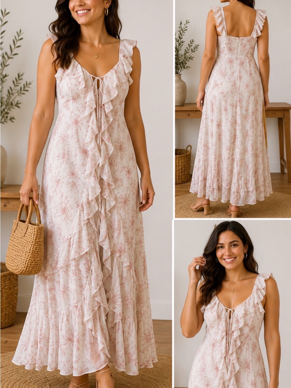 NWT Storia Floral Ruffle Maxi Dress Cream Pink Romantic Cottagecore Size Large